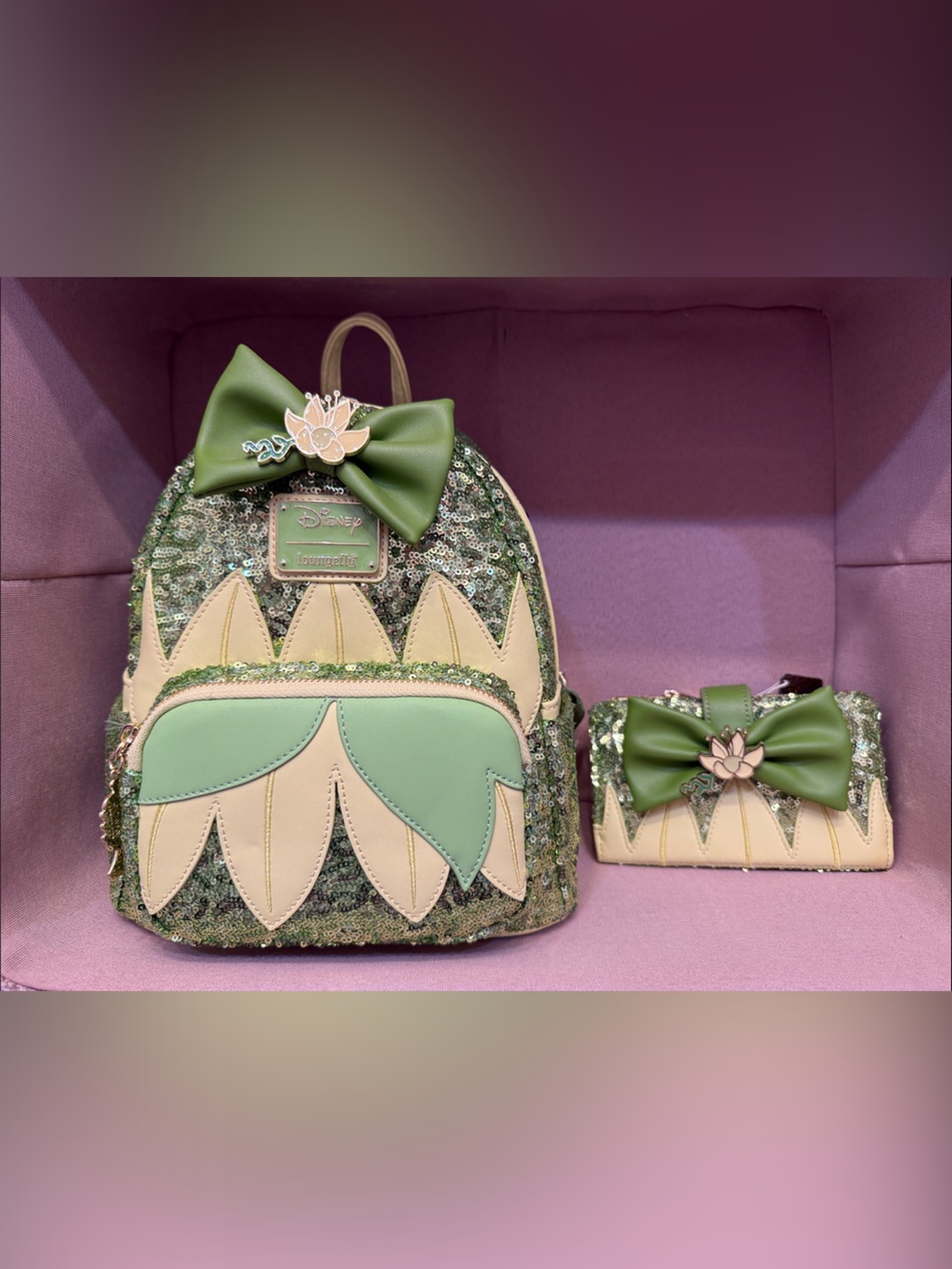 Princess Tiana Loungefly Green Sequin Floral Bow Mini Backpack and Wallet Set